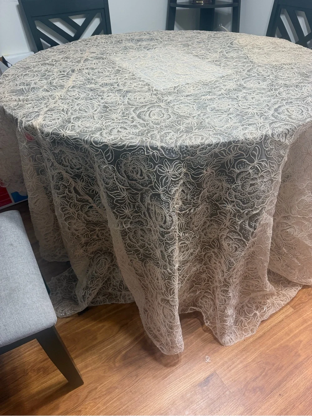 Beige Lace Overlay Round Tablecloth - Elegant Floral Design